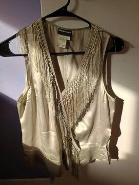 Vintage Giorgio Armani Silk Fringe V-Neck Top Vest Silver / Gray Sz 44